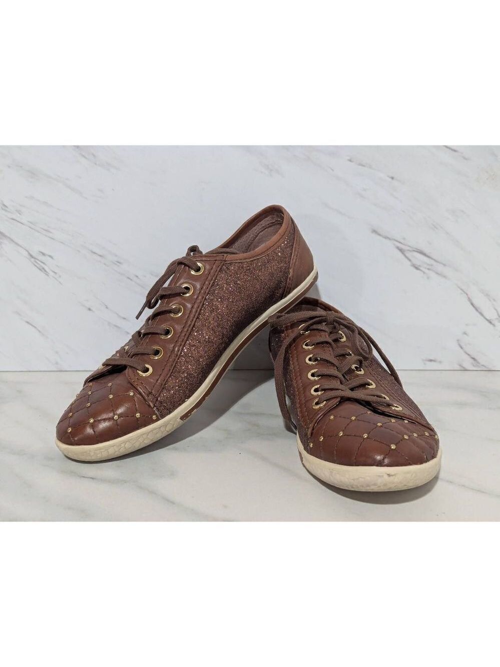 Vince Camuto Women's Brown & Gold Studded Leather Glitter Sneaker Size 7